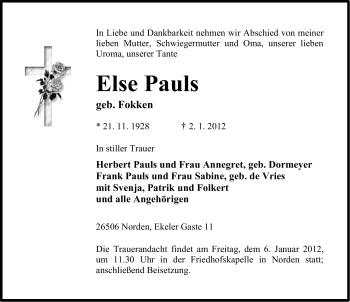 Traueranzeige von Else Pauls von Ostfriesischer Kurier