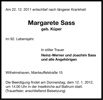 Traueranzeige von Margarete Sass von Ostfriesischer Kurier