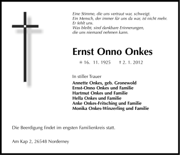 Traueranzeige von Ernst Onno Onkes von Ostfriesischer Kurier