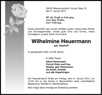 Traueranzeige von Wilhelmine Heuermann von Ostfriesischer Kurier