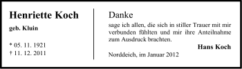 Traueranzeige von Henriette Koch von Ostfriesischer Kurier
