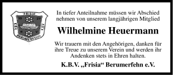 Traueranzeige von Wilhelmine Heuermann von Ostfriesischer Kurier
