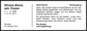 Traueranzeige von Elfriede Meints von Ostfriesischer Kurier