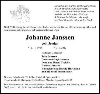 Traueranzeige von Johanne Janssen von Ostfriesischer Kurier