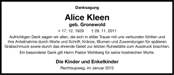 Traueranzeige von Alice Kleen von Ostfriesischer Kurier