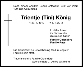 Traueranzeige von Trientje König von Ostfriesischer Kurier