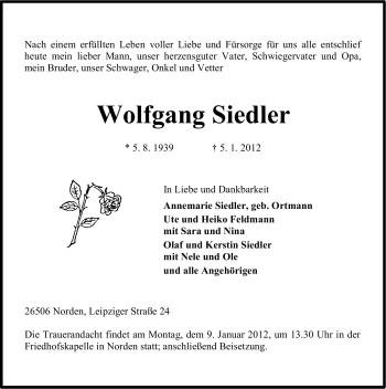 Traueranzeige von Wolfgang Siedler von Ostfriesischer Kurier