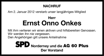 Traueranzeige von Ernst Onno Onkes von Ostfriesischer Kurier
