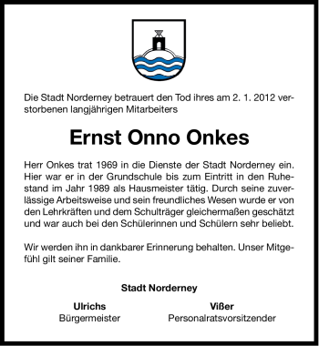 Traueranzeige von Ernst Onno Onkes von Ostfriesischer Kurier