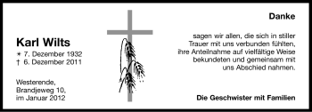 Traueranzeige von Karl Wilts von Ostfriesischer Kurier