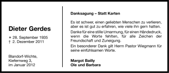 Traueranzeige von Dieter Gerdes von Ostfriesischer Kurier
