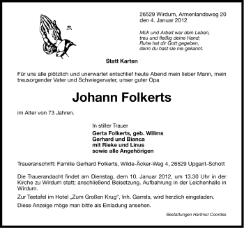 Traueranzeige von Johann Folkerts von Ostfriesischer Kurier