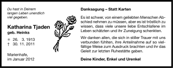 Traueranzeige von Katharina Tjaden von Ostfriesischer Kurier