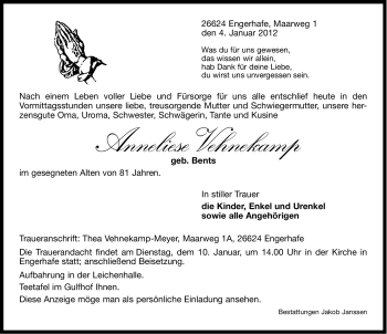Traueranzeige von Anneliese Vehnekamp von Ostfriesischer Kurier