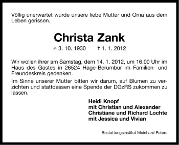 Traueranzeige von Christa Zank von Ostfriesischer Kurier