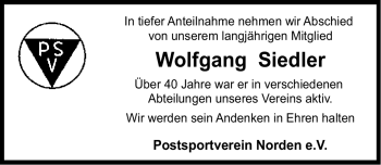 Traueranzeige von Wolfgang Siedler von Ostfriesischer Kurier