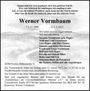 Traueranzeige von Werner Vormbaum von Ostfriesischer Kurier