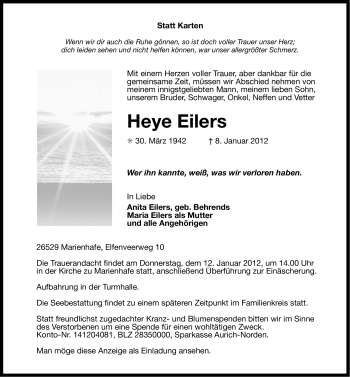 Traueranzeige von Heye Eilers von Ostfriesischer Kurier