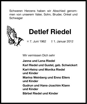 Traueranzeige von Detlef Riedel von Ostfriesischer Kurier