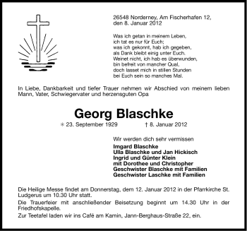 Traueranzeige von Georg Blaschke von Ostfriesischer Kurier