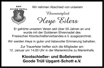 Traueranzeige von Heye Eilers von Ostfriesischer Kurier
