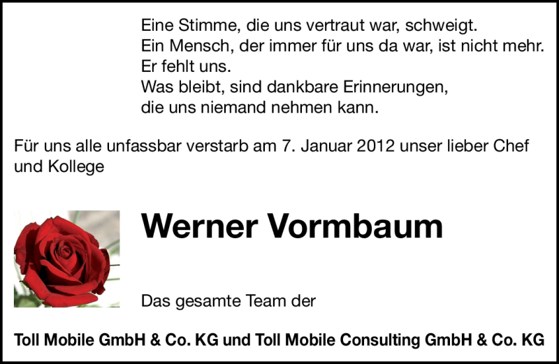  Traueranzeige für Werner Vormbaum vom 10.01.2012 aus Ostfriesischer Kurier