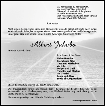 Traueranzeige von Albert Jakobs von Ostfriesischer Kurier