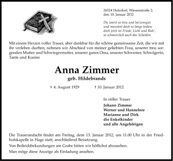 Traueranzeige von Anna Zimmer von Ostfriesischer Kurier