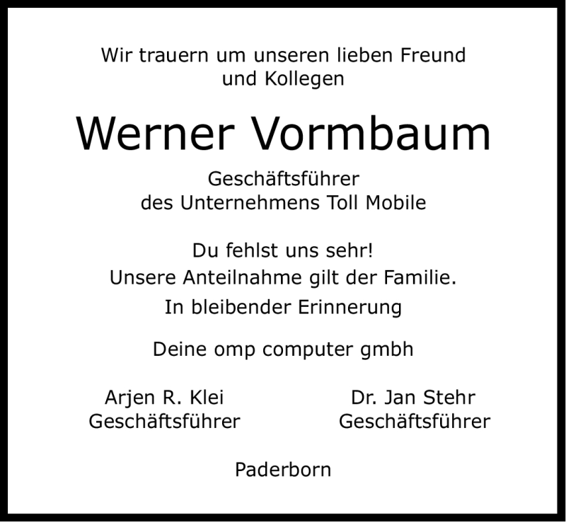  Traueranzeige für Werner Vormbaum vom 11.01.2012 aus Ostfriesischer Kurier