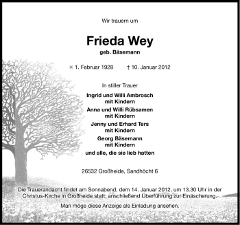 Traueranzeige von Frieda Wey von Ostfriesischer Kurier