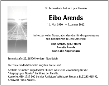 Traueranzeige von Eibo Arends von Ostfriesischer Kurier