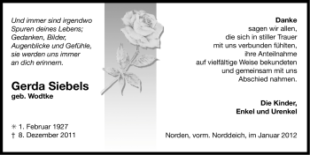Traueranzeige von Gerda Siebels von Ostfriesischer Kurier
