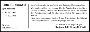 Traueranzeige von Irma Rudkowski von Ostfriesischer Kurier