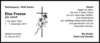 Traueranzeige von Else Freese von Ostfriesischer Kurier
