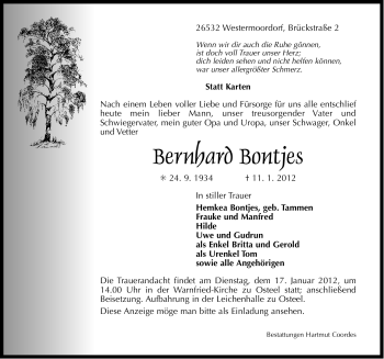 Traueranzeige von Bernhard Bontjes von Ostfriesischer Kurier