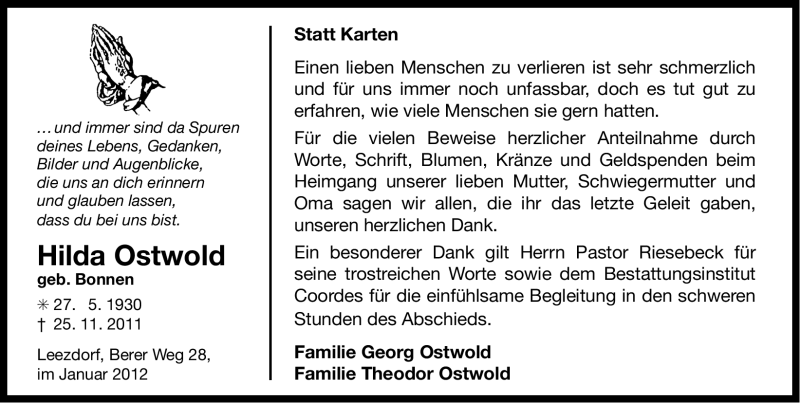 Traueranzeige für Hilda Ostwold vom 14.01.2012 aus Ostfriesischer Kurier
