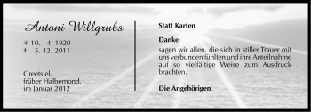 Traueranzeige von Antoni Willgrubs von Ostfriesischer Kurier