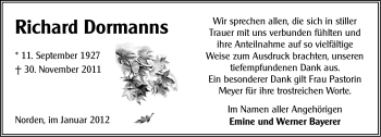 Traueranzeige von Richard Dormanns von Ostfriesischer Kurier