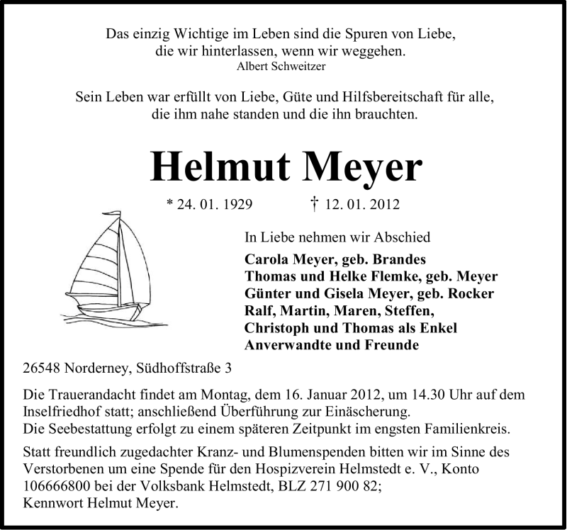  Traueranzeige für Helmut Meyer vom 14.01.2012 aus Ostfriesischer Kurier