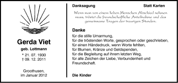 Traueranzeige von Gerda Viet von Ostfriesischer Kurier