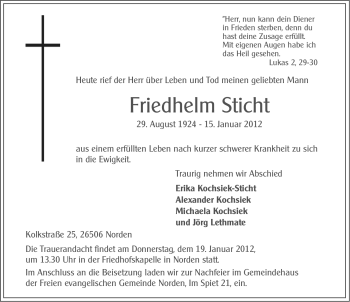 Traueranzeige von Friedhelm Sticht von Ostfriesischer Kurier