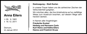 Traueranzeige von Anna Eilers von Ostfriesischer Kurier