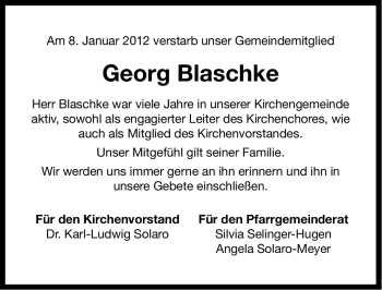 Traueranzeige von Georg Blaschke von Ostfriesischer Kurier