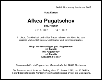 Traueranzeige von Afkea Pugatschov von Ostfriesischer Kurier
