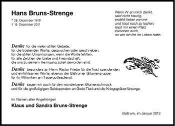 Traueranzeige von Hans Bruns-Strenge von Ostfriesischer Kurier