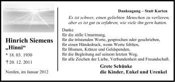 Traueranzeige von Hinrich (Hinni) Siemens von Ostfriesischer Kurier