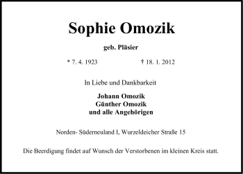 Traueranzeige von Sophie Omozik von Ostfriesischer Kurier