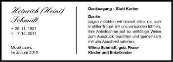 Traueranzeige von Heinrich (Heini) Schmidt von Ostfriesischer Kurier