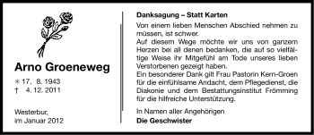 Traueranzeige von Arno Groeneweg von Ostfriesischer Kurier
