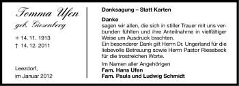 Traueranzeige von Tomma Ufen von Ostfriesischer Kurier